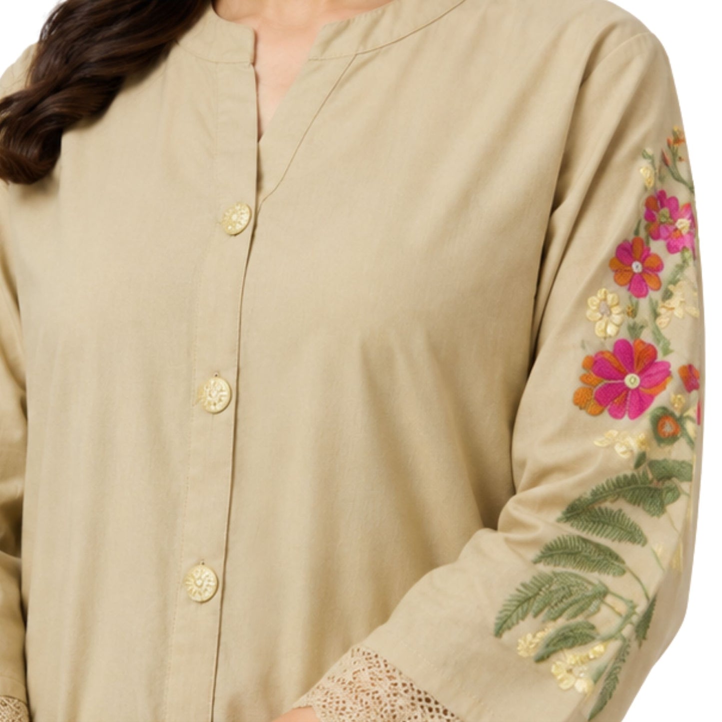 Elegant Beige Cotton Co-ord Set with Floral Embroidery and Lace Details