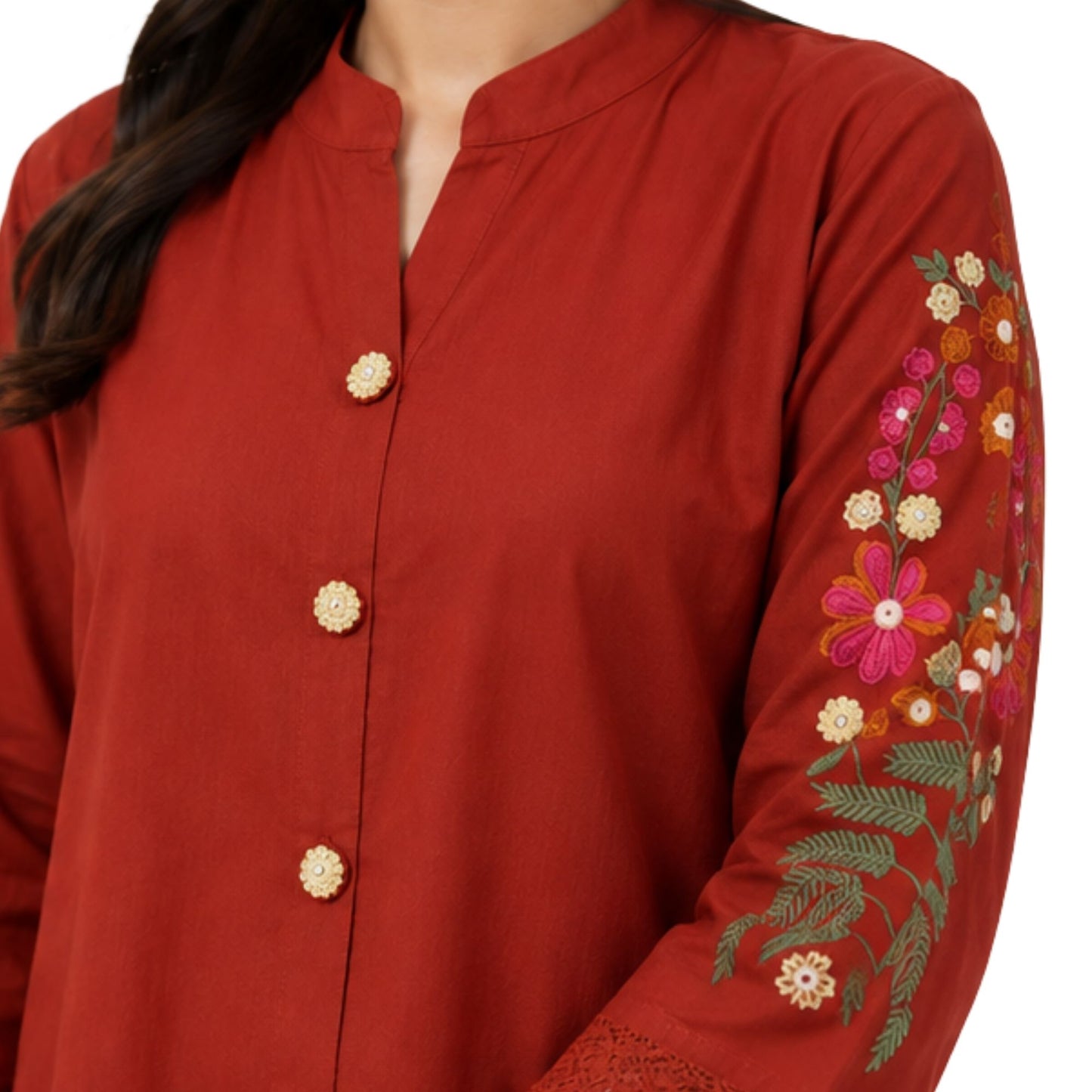 Rust Red Cotton Co-ord Set with Embroidered Sleeves