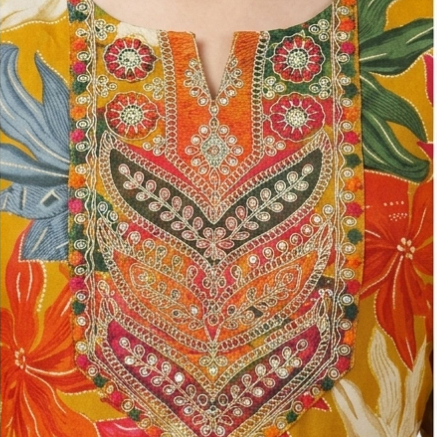 Mustard Floral Printed Straight Kurti with Embroidered Yoke