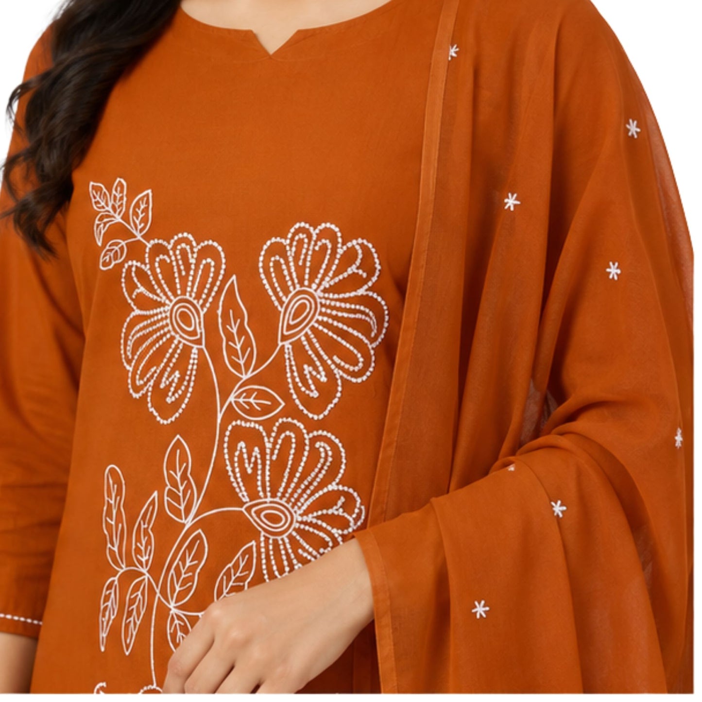 Rust Orange Floral Contour Embroidered Salwar Suit Set