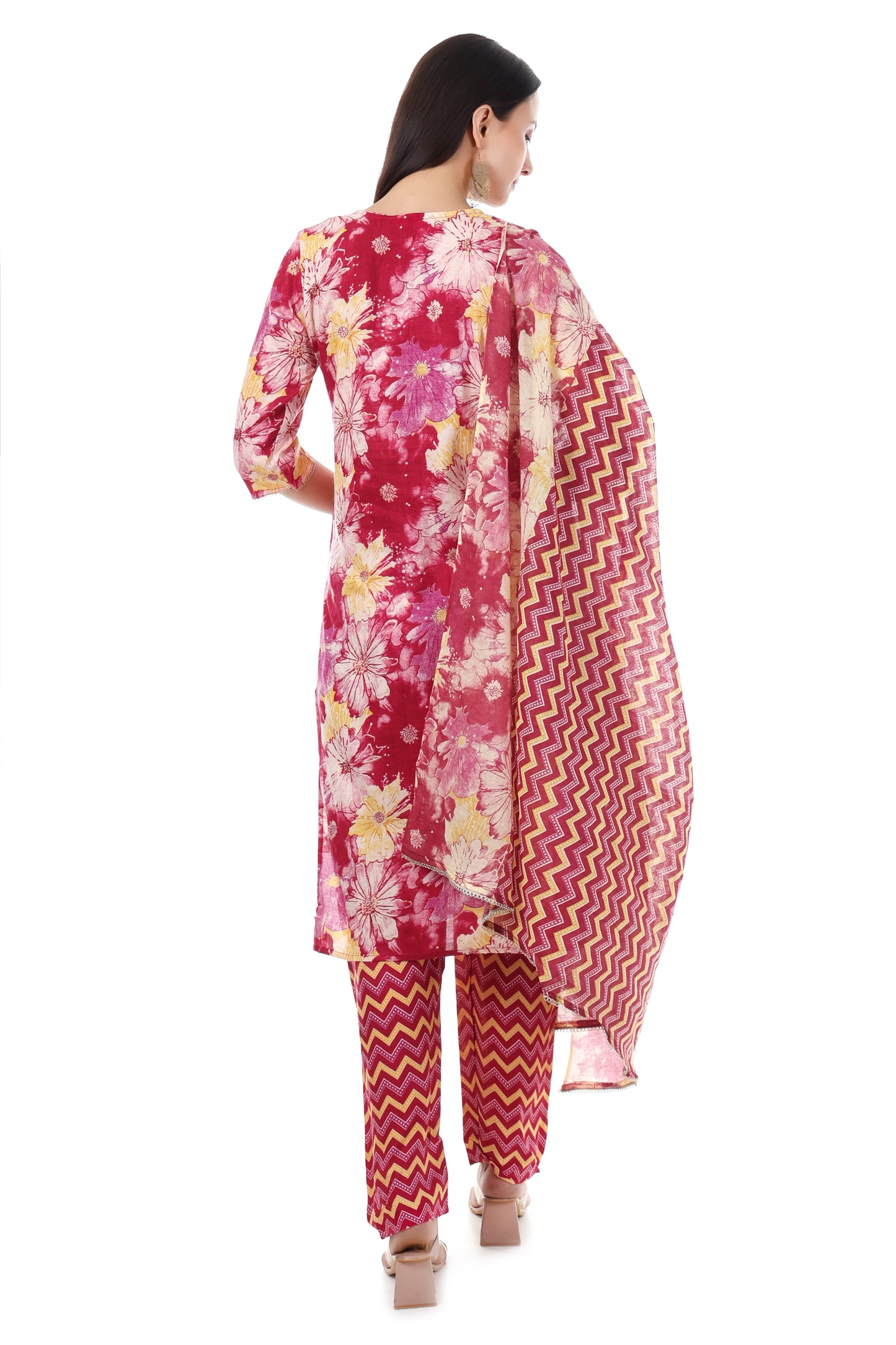 Maroon printed kurta with a pants and dupatta