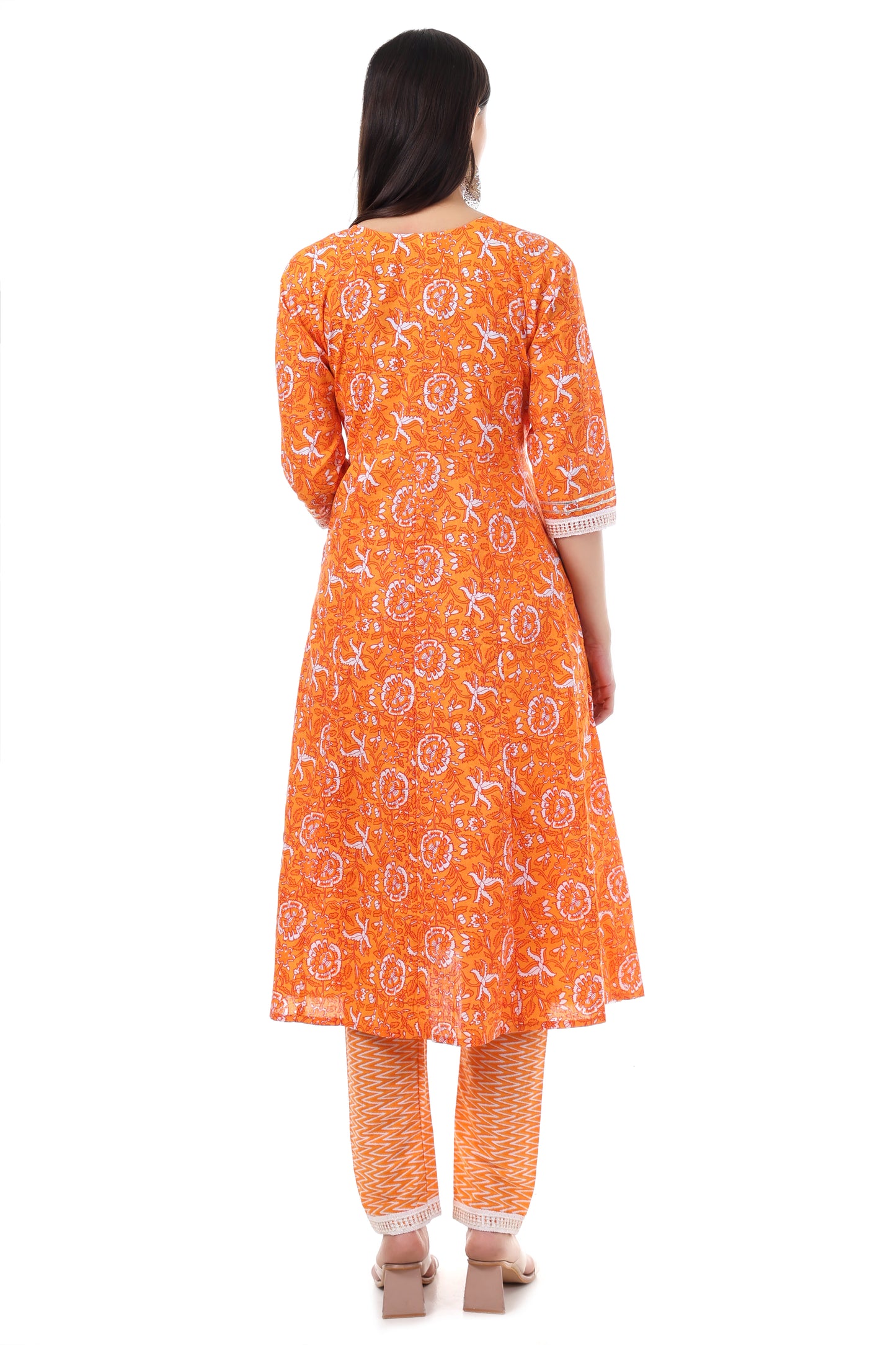 Orange printed kurta with pants and dupatta