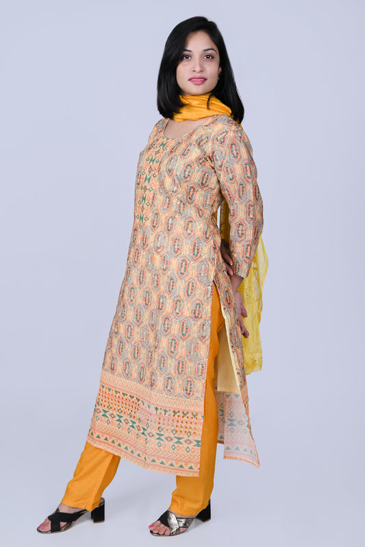 Yellow printed kurta with pants and dupatta