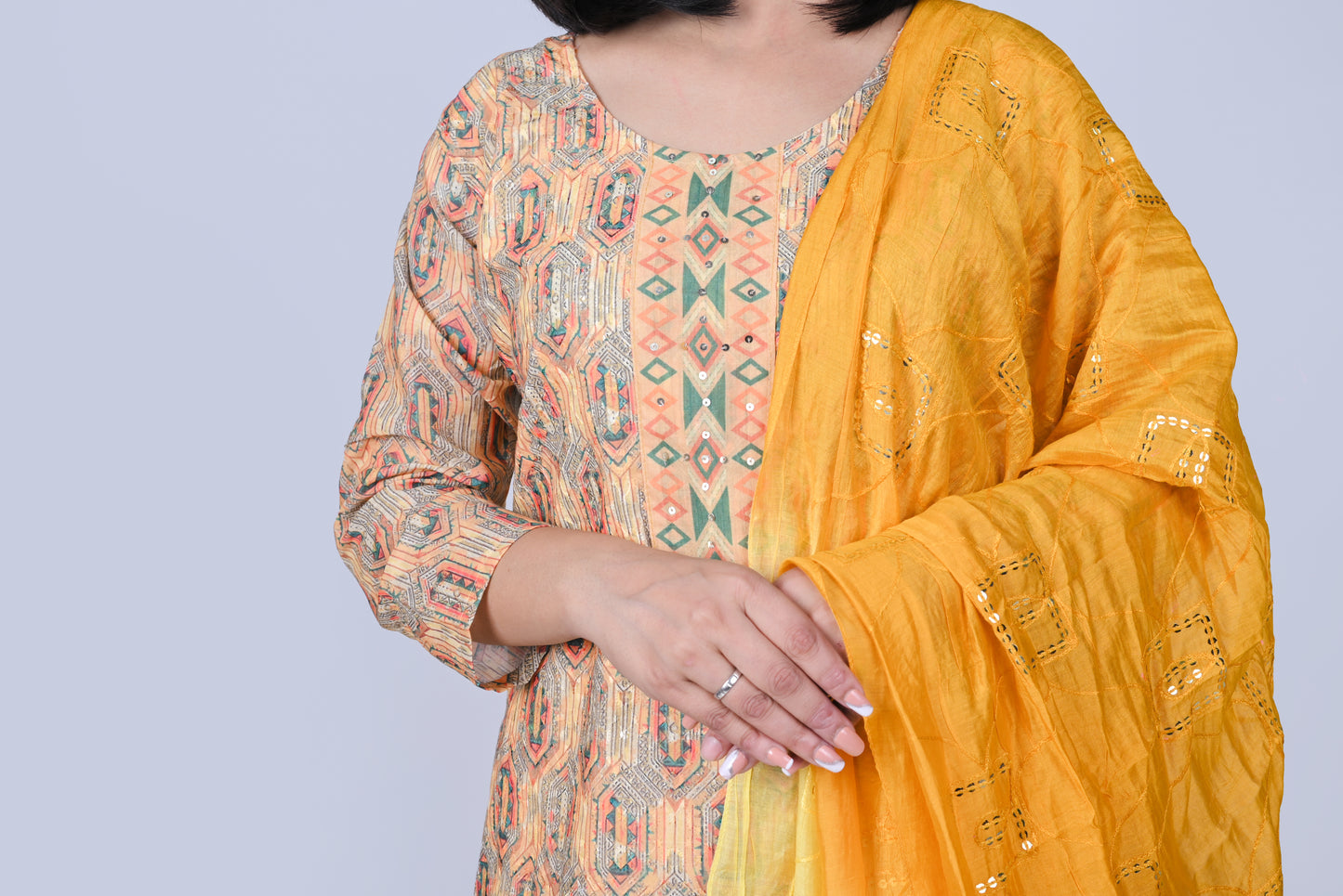 Yellow printed kurta with pants and dupatta
