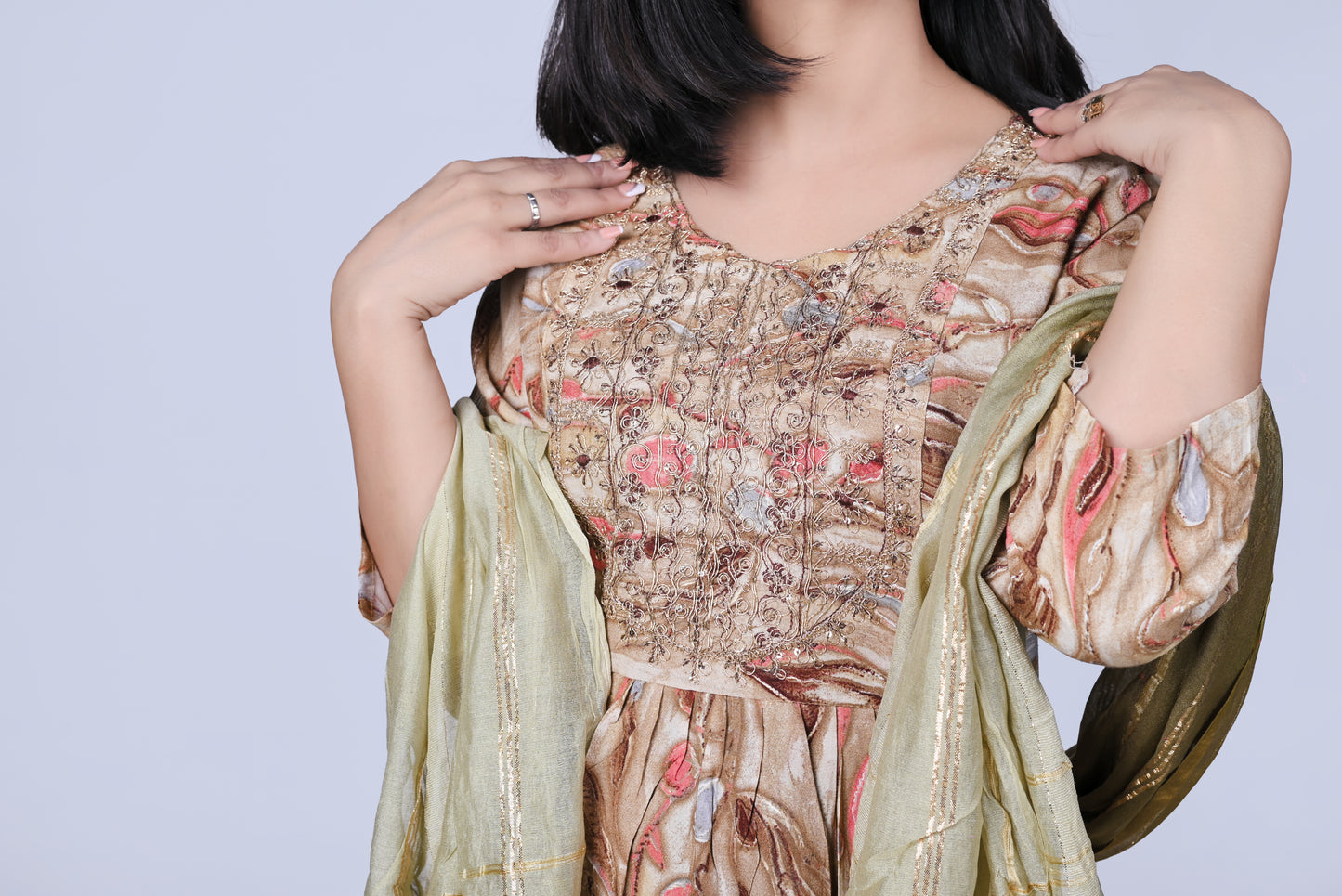 Beige printed kurta with pants and dupatta