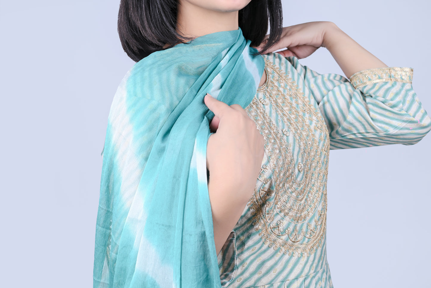 Aqua blue printed kurta with pants and leheriya dupatta