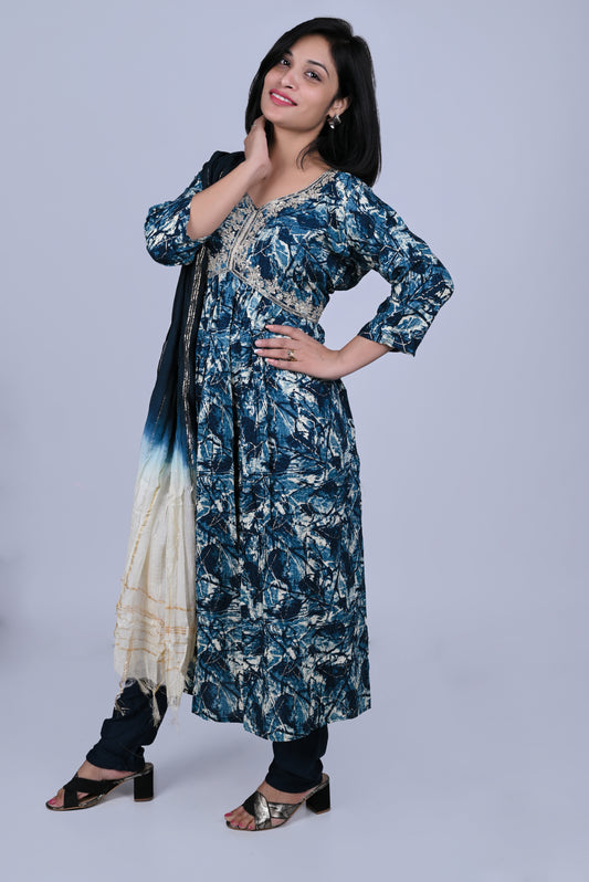 Teal embroidered printed kurta with ombre dupatta and pants