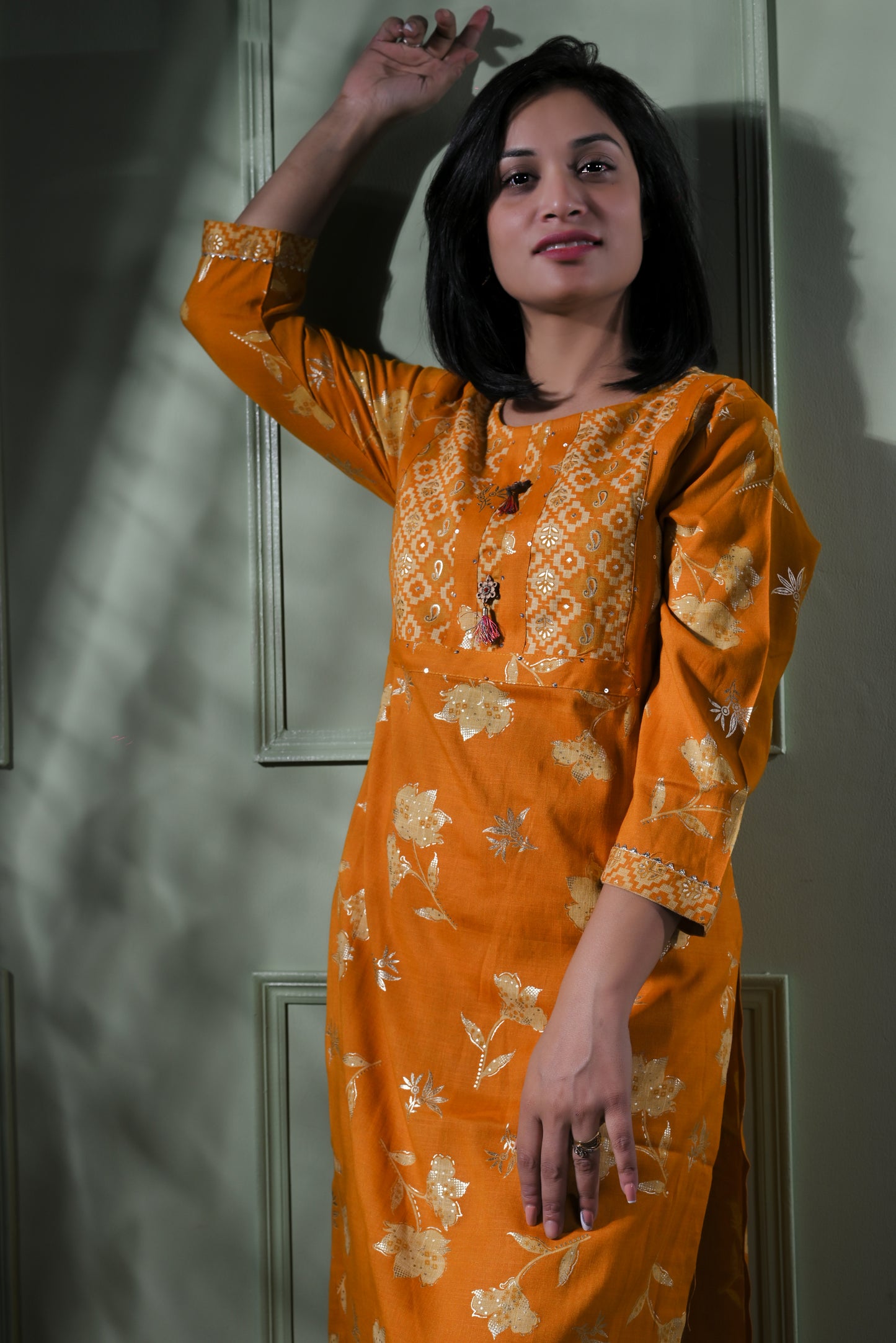 Yellow printed kurta with pants