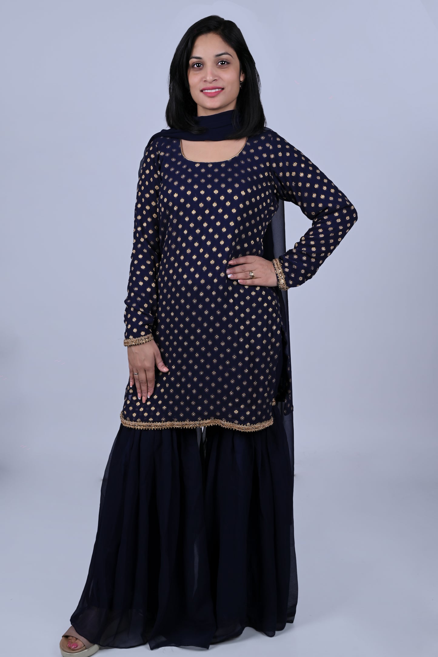 Royal blue banarasi bootie kurta with sharara and dupatta