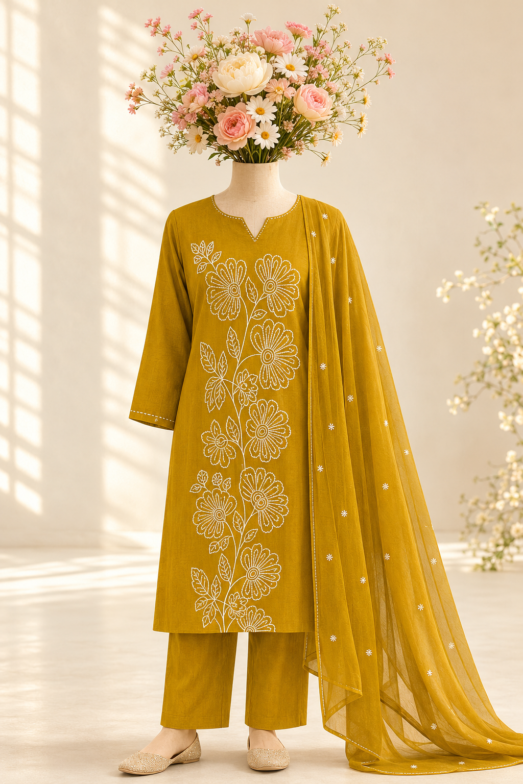 Mustard Yellow Floral Contour Embroidered kurta set