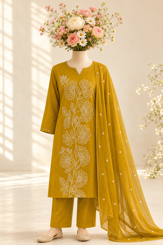 Mustard Yellow Floral Contour Embroidered kurta set