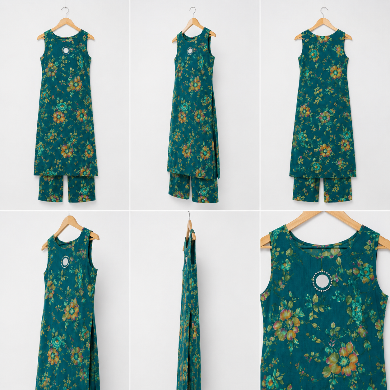 Teal Floral Printed Sleeveless Kurta & Palazzo Set