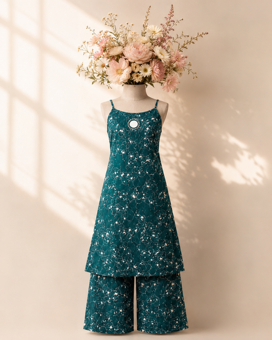 Chic Teal Green Floral Print Strappy Kurta Set with Wide-Leg Palazzos