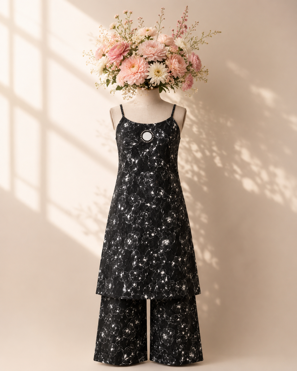 Elegant Black Floral Print Strappy Kurta Set with Wide-Leg Palazzos