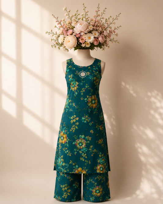 Teal Floral Printed Sleeveless Kurta & Palazzo Set