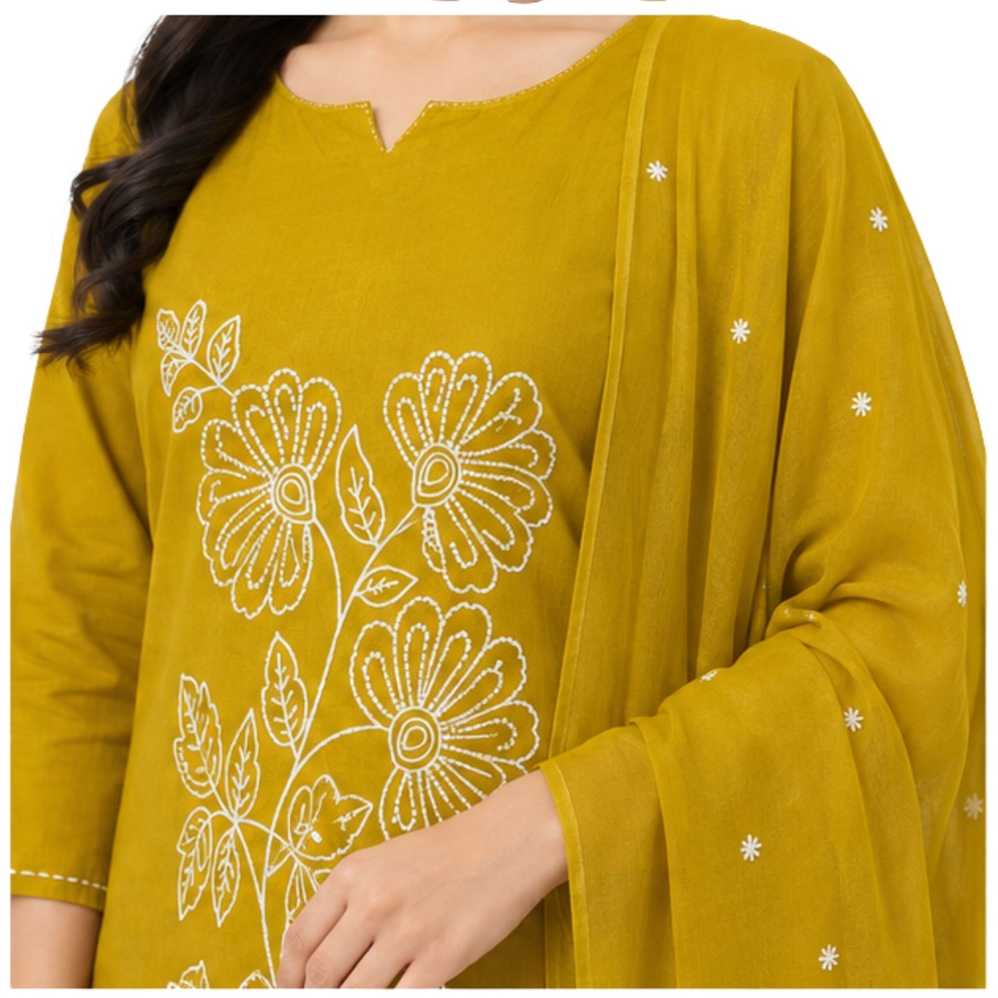 Mustard Yellow Floral Contour Embroidered kurta set