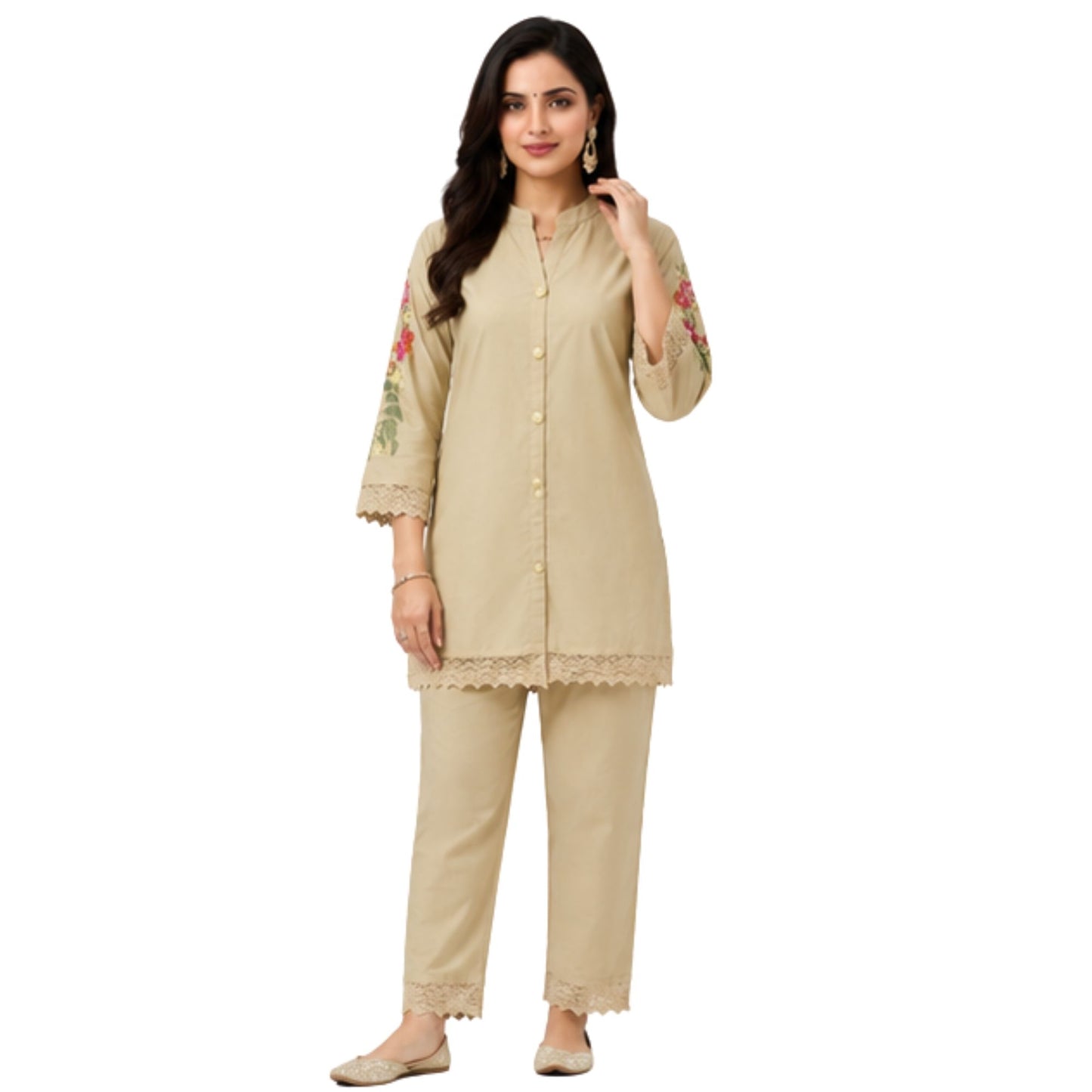 Elegant Beige Cotton Co-ord Set with Floral Embroidery and Lace Details