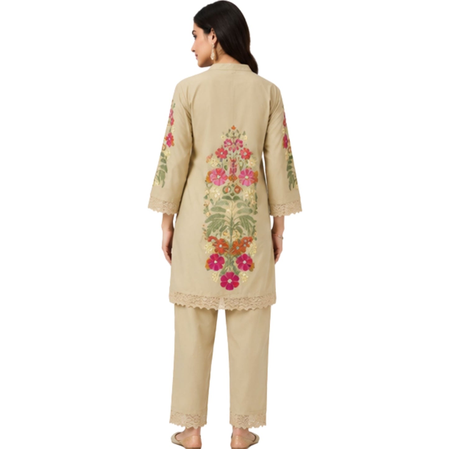 Elegant Beige Cotton Co-ord Set with Floral Embroidery and Lace Details