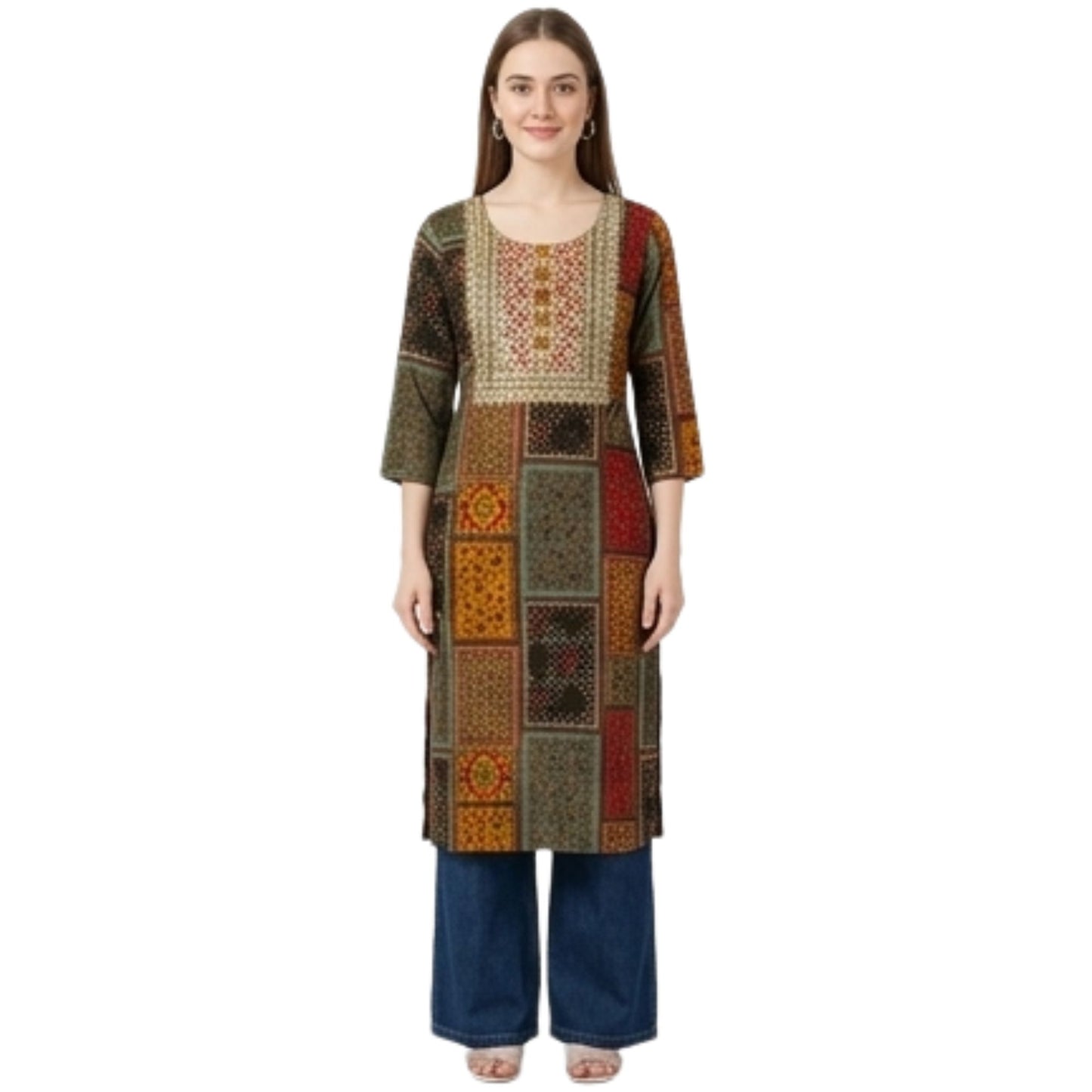 Patchwork Printed Straight Kurti with Embroidered Mirror Work Yoke