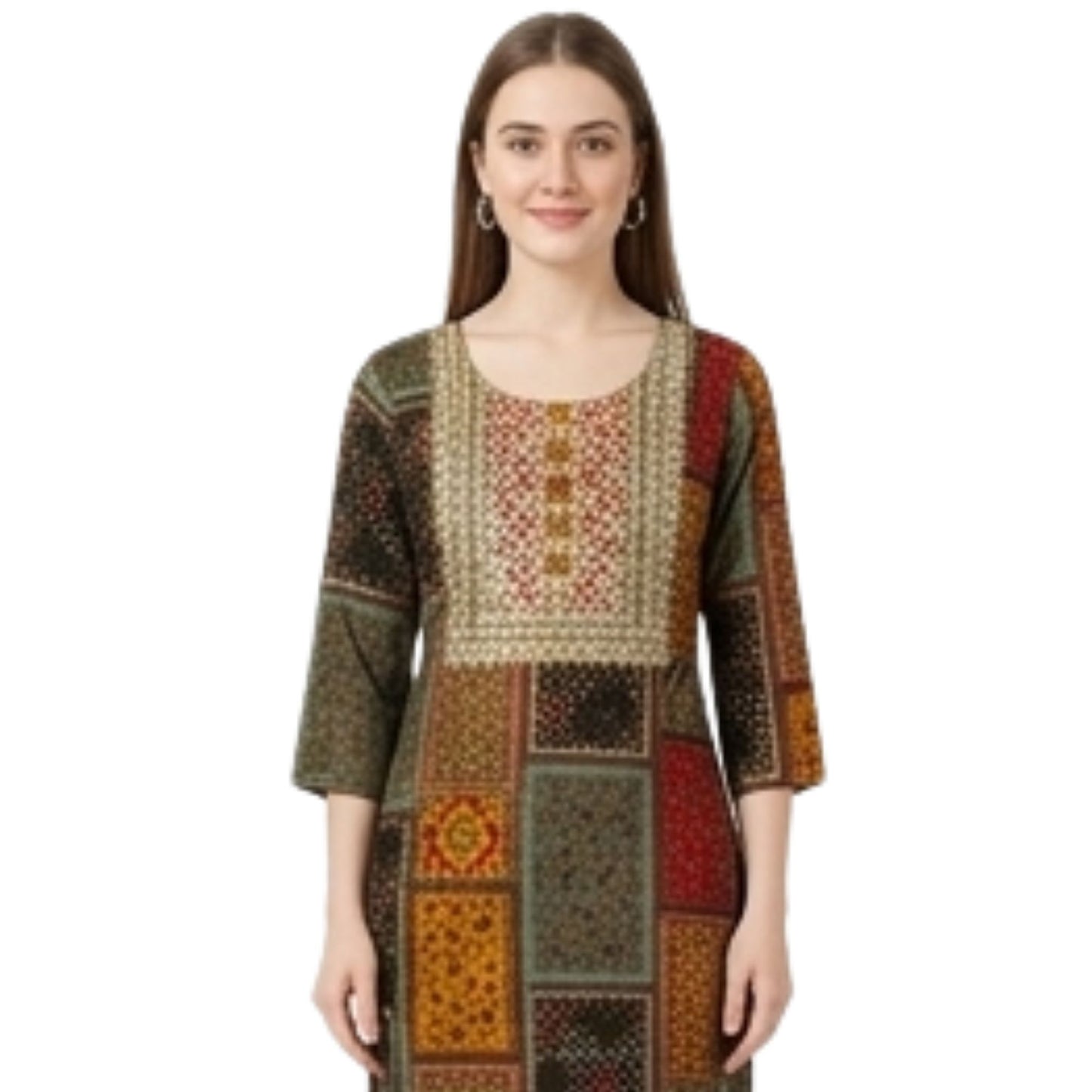 Patchwork Printed Straight Kurti with Embroidered Mirror Work Yoke