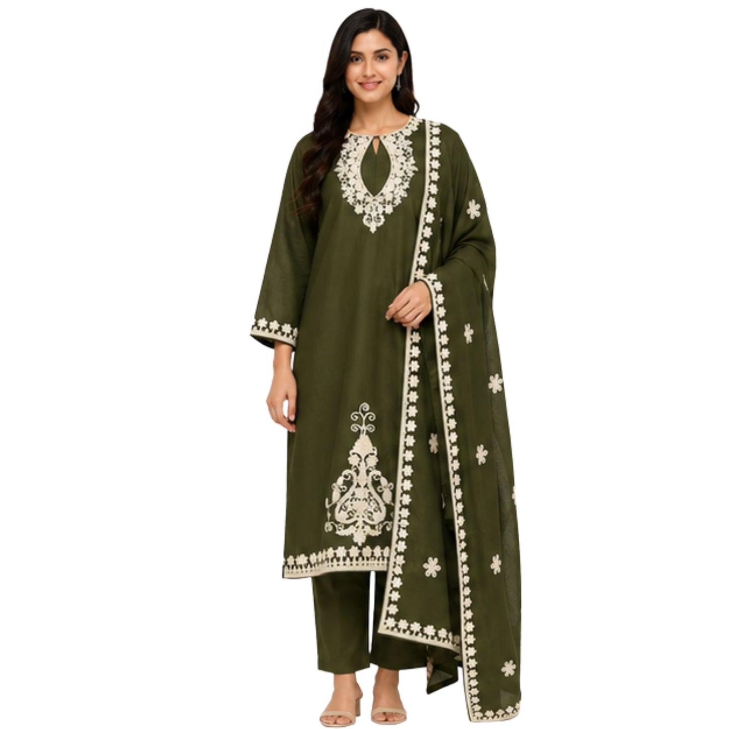 Deep Olive Green Embroidered kurta Set