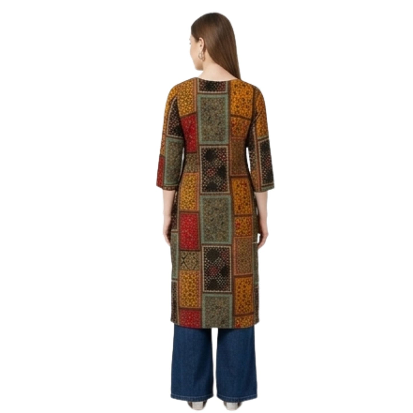 Patchwork Printed Straight Kurti with Embroidered Mirror Work Yoke