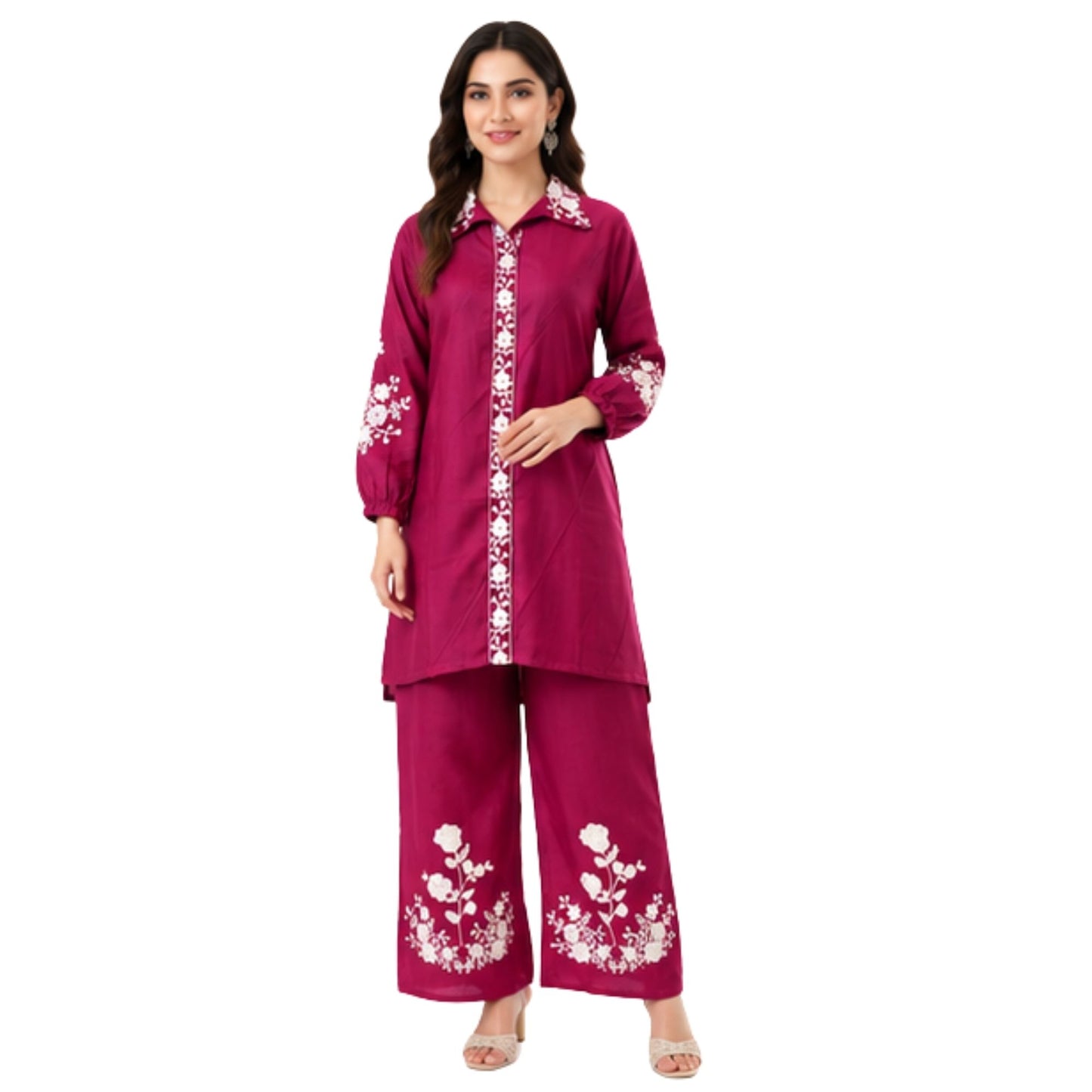 Elegant Magenta Coord Set with White Floral Embroidery