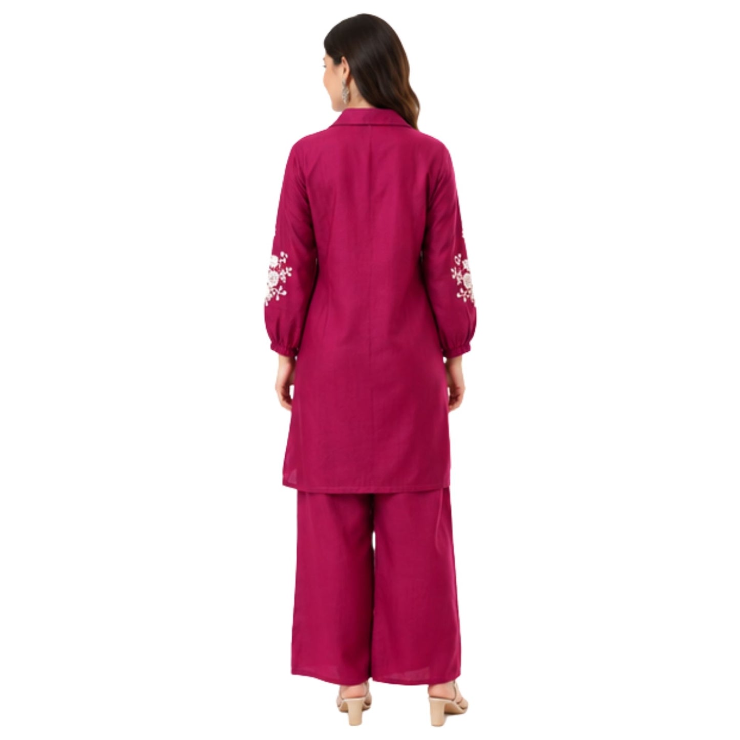Elegant Magenta Coord Set with White Floral Embroidery