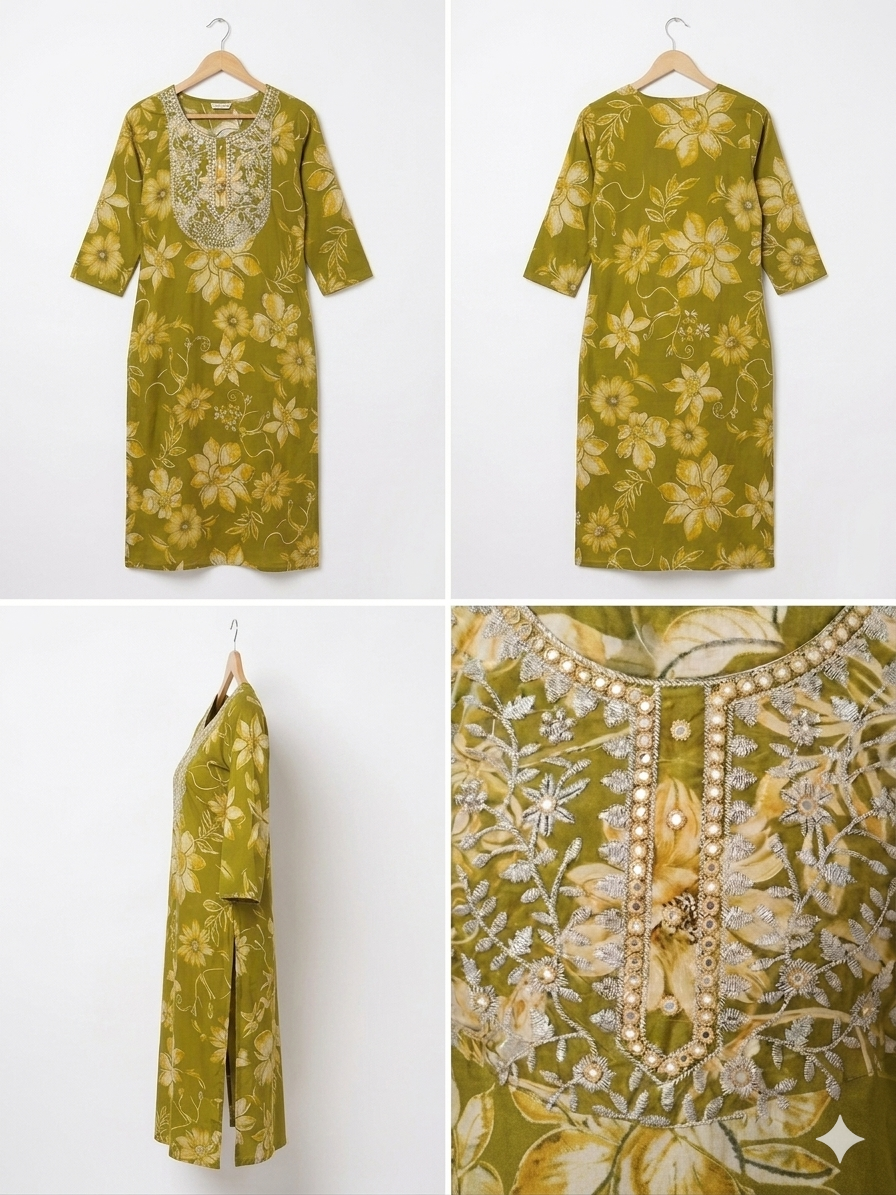 Olive Floral Printed Kurti