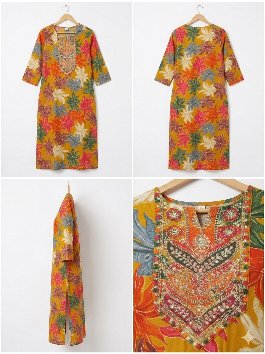 Mustard Floral Printed Straight Kurti with Embroidered Yoke