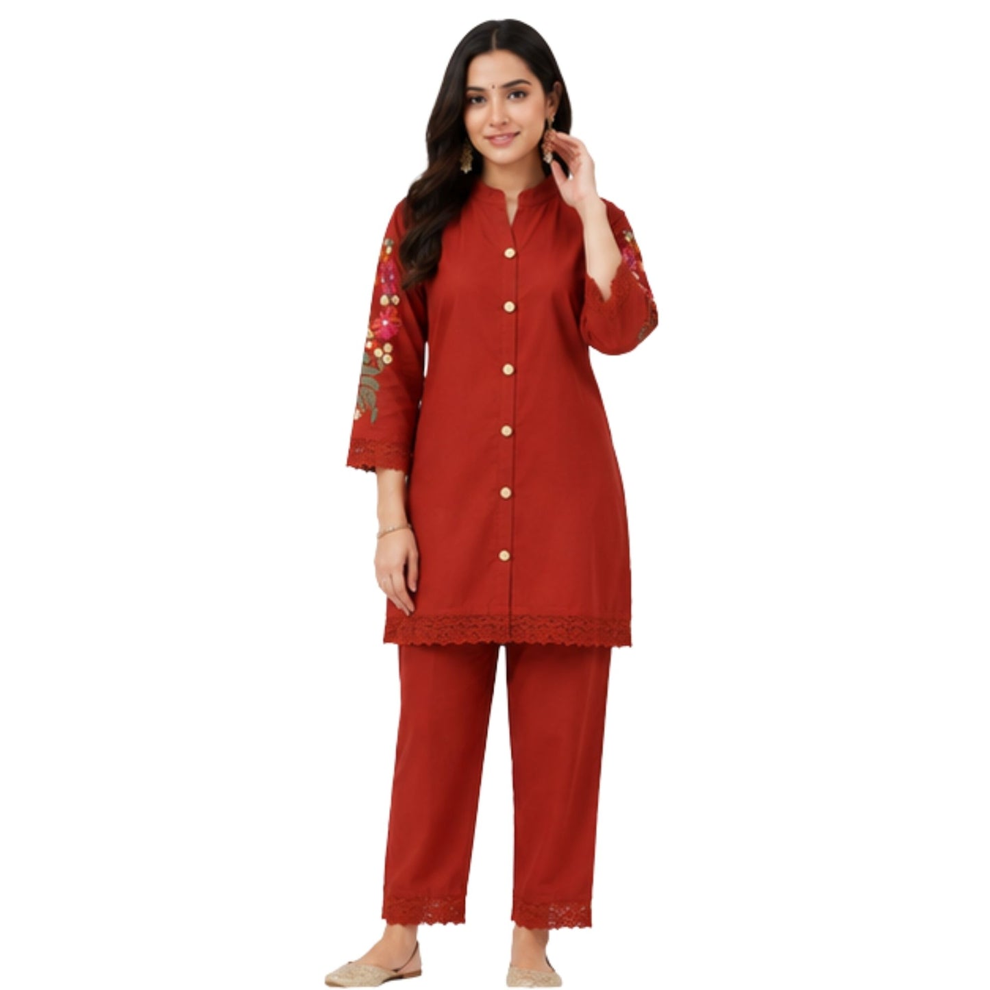 Rust Red Cotton Co-ord Set with Embroidered Sleeves