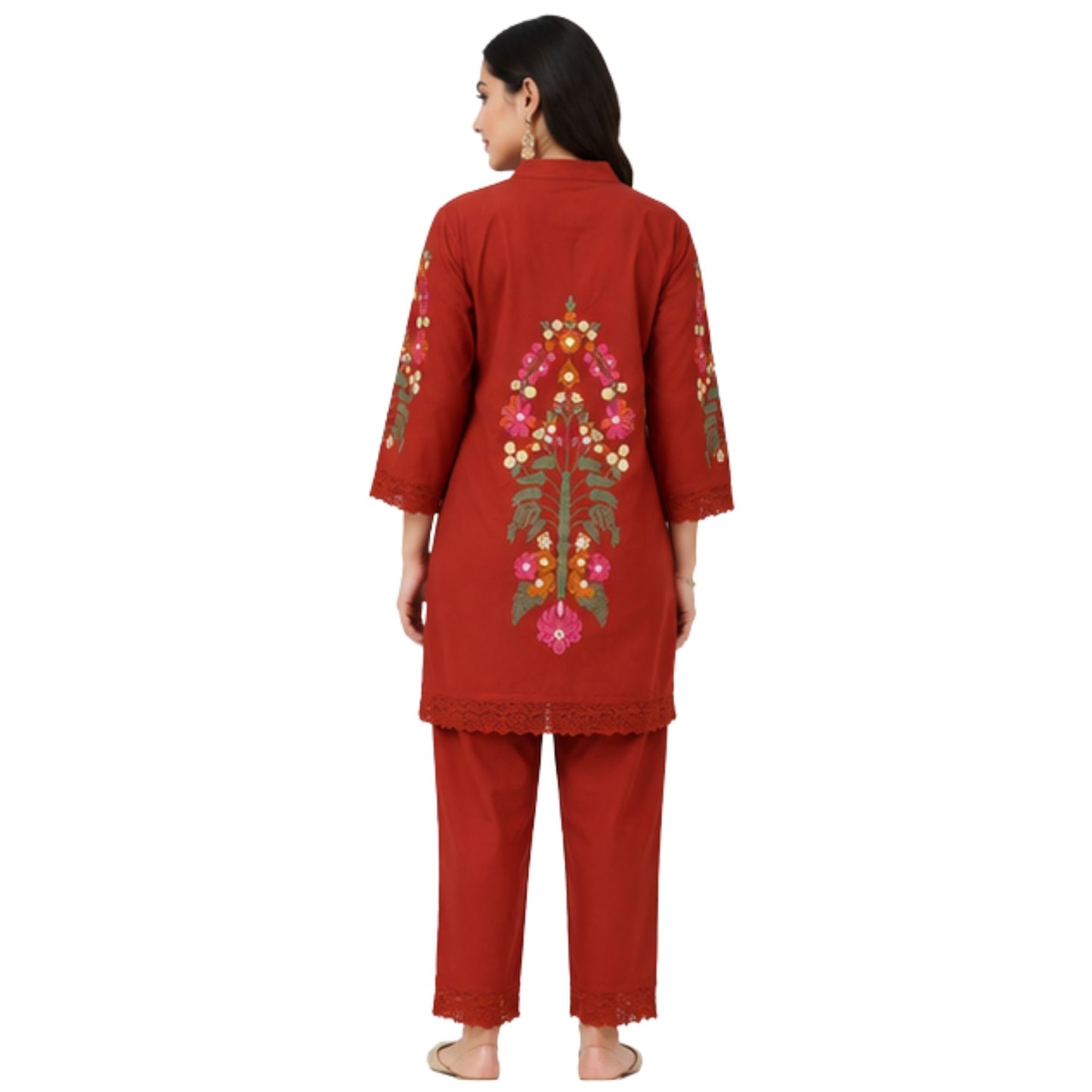 Rust Red Cotton Co-ord Set with Embroidered Sleeves