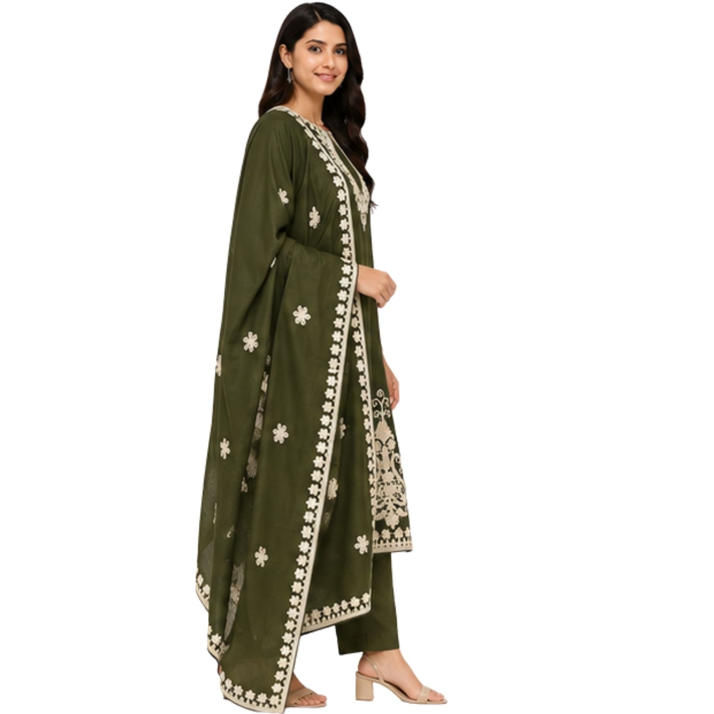 Deep Olive Green Embroidered kurta Set