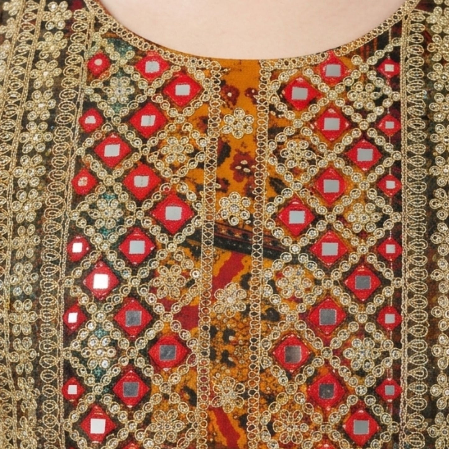 Patchwork Printed Straight Kurti with Embroidered Mirror Work Yoke