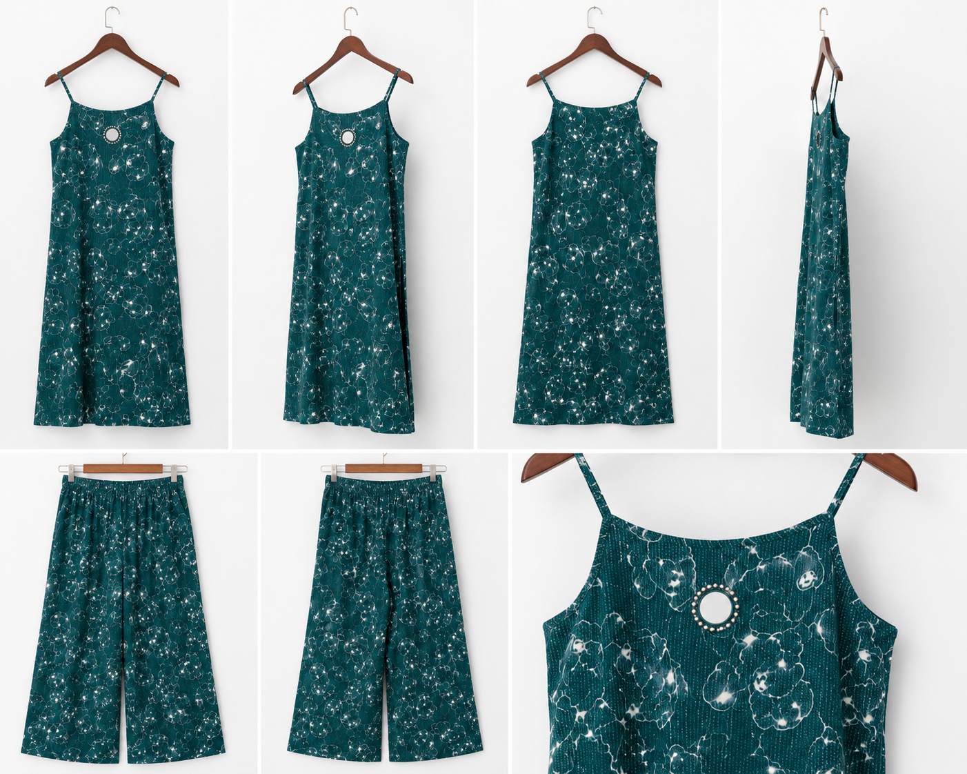 Chic Teal Green Floral Print Strappy Kurta Set with Wide-Leg Palazzos