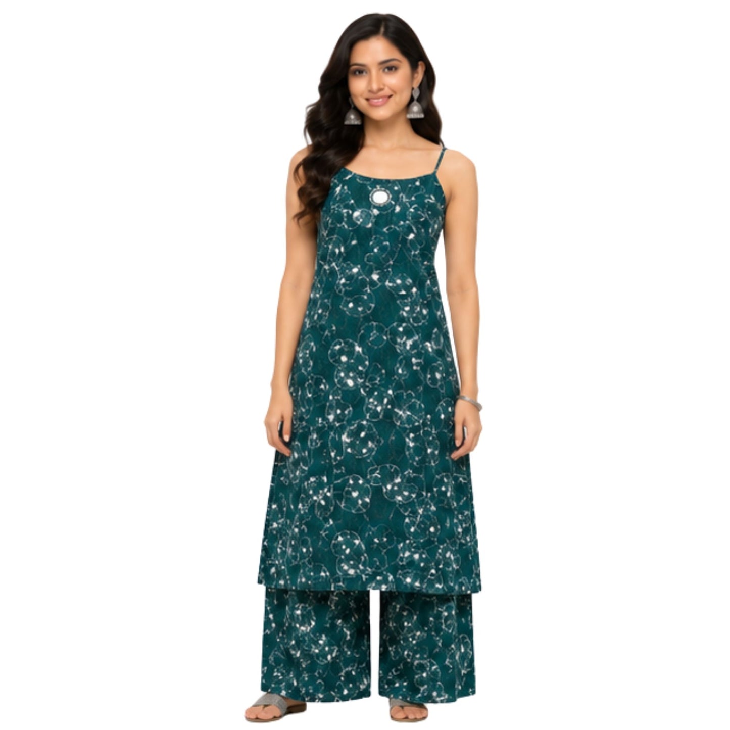 Chic Teal Green Floral Print Strappy Kurta Set with Wide-Leg Palazzos