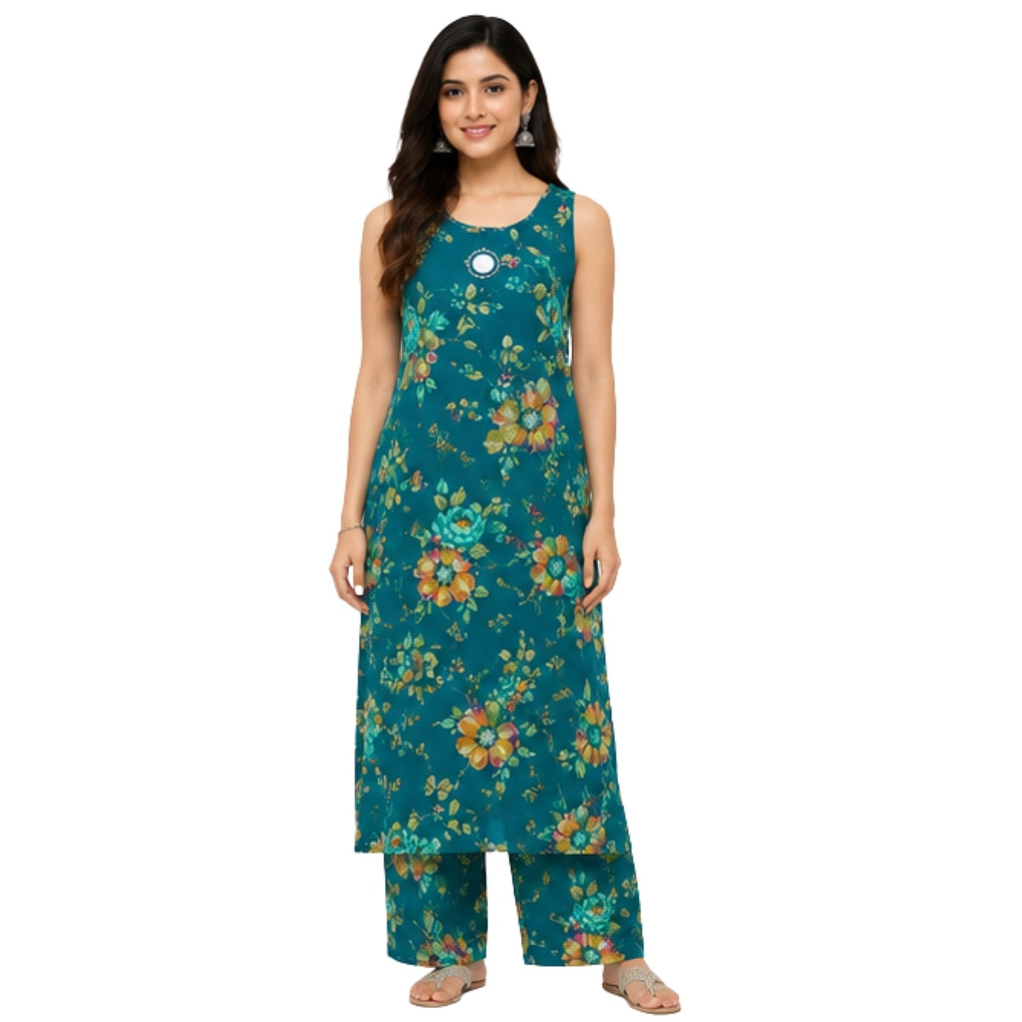 Teal Floral Printed Sleeveless Kurta & Palazzo Set