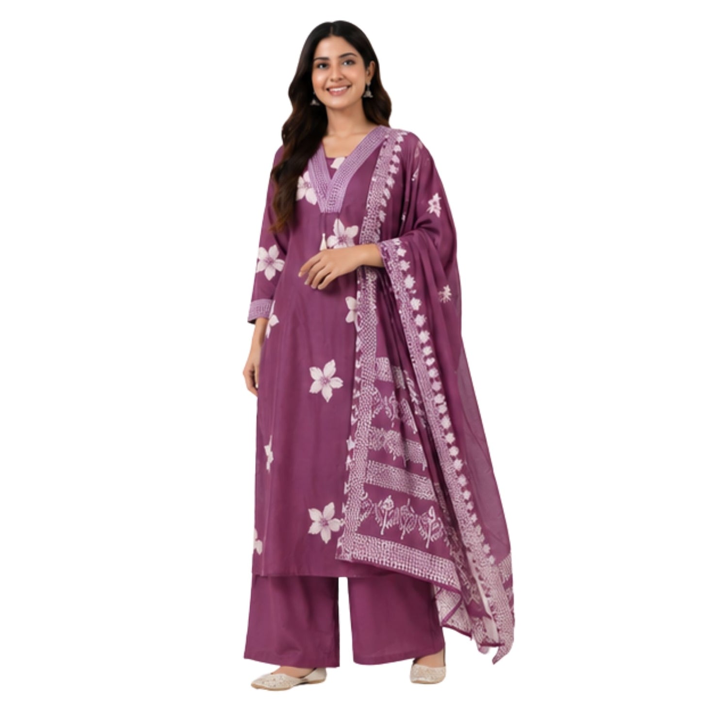 Mauve Purple Floral Printed Suit Set