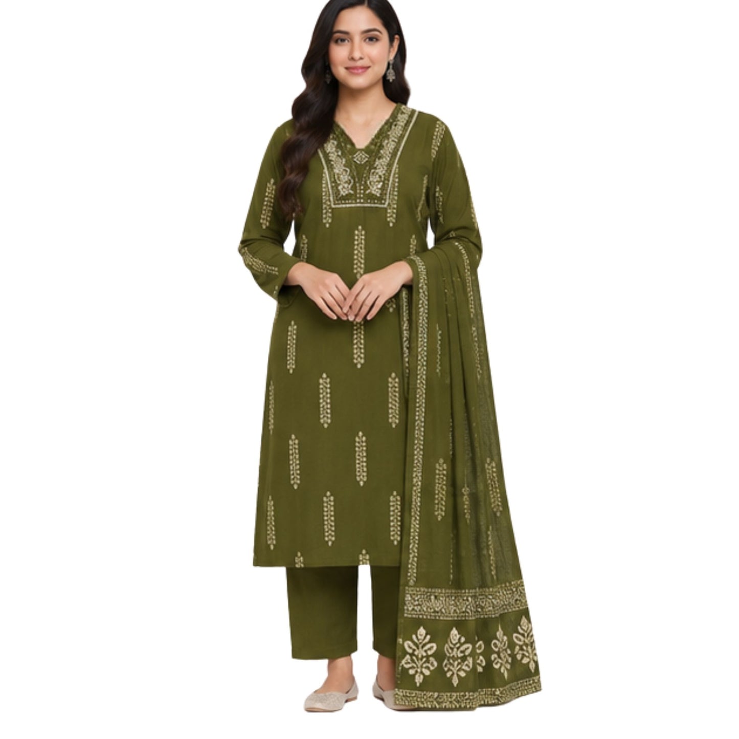 Olive Green Printed Kurta Set