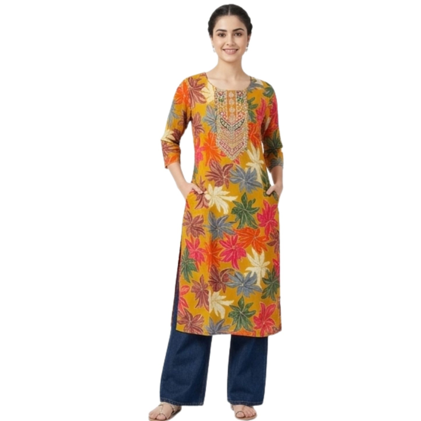 Mustard Floral Printed Straight Kurti with Embroidered Yoke