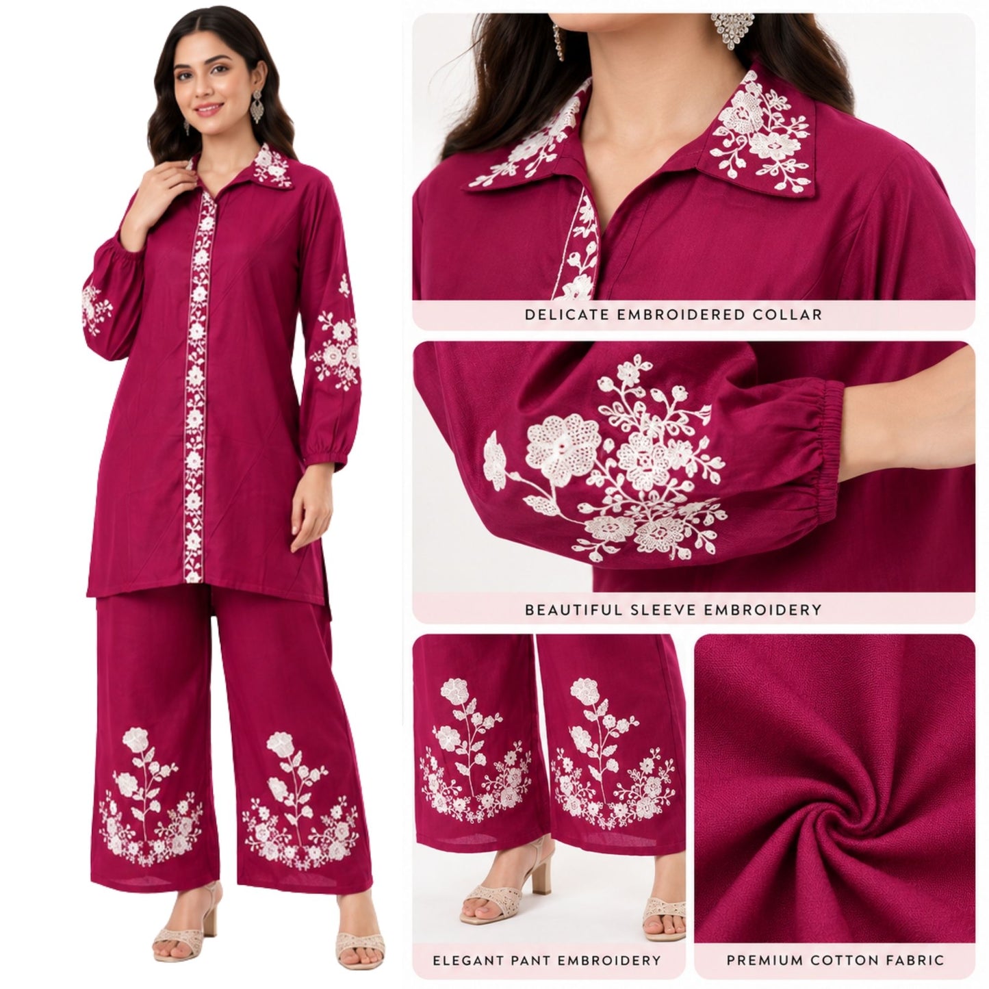 Elegant Magenta Coord Set with White Floral Embroidery