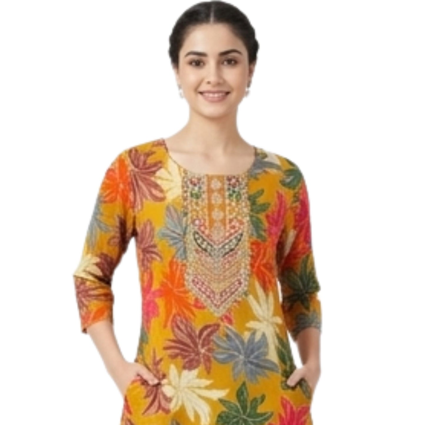 Mustard Floral Printed Straight Kurti with Embroidered Yoke