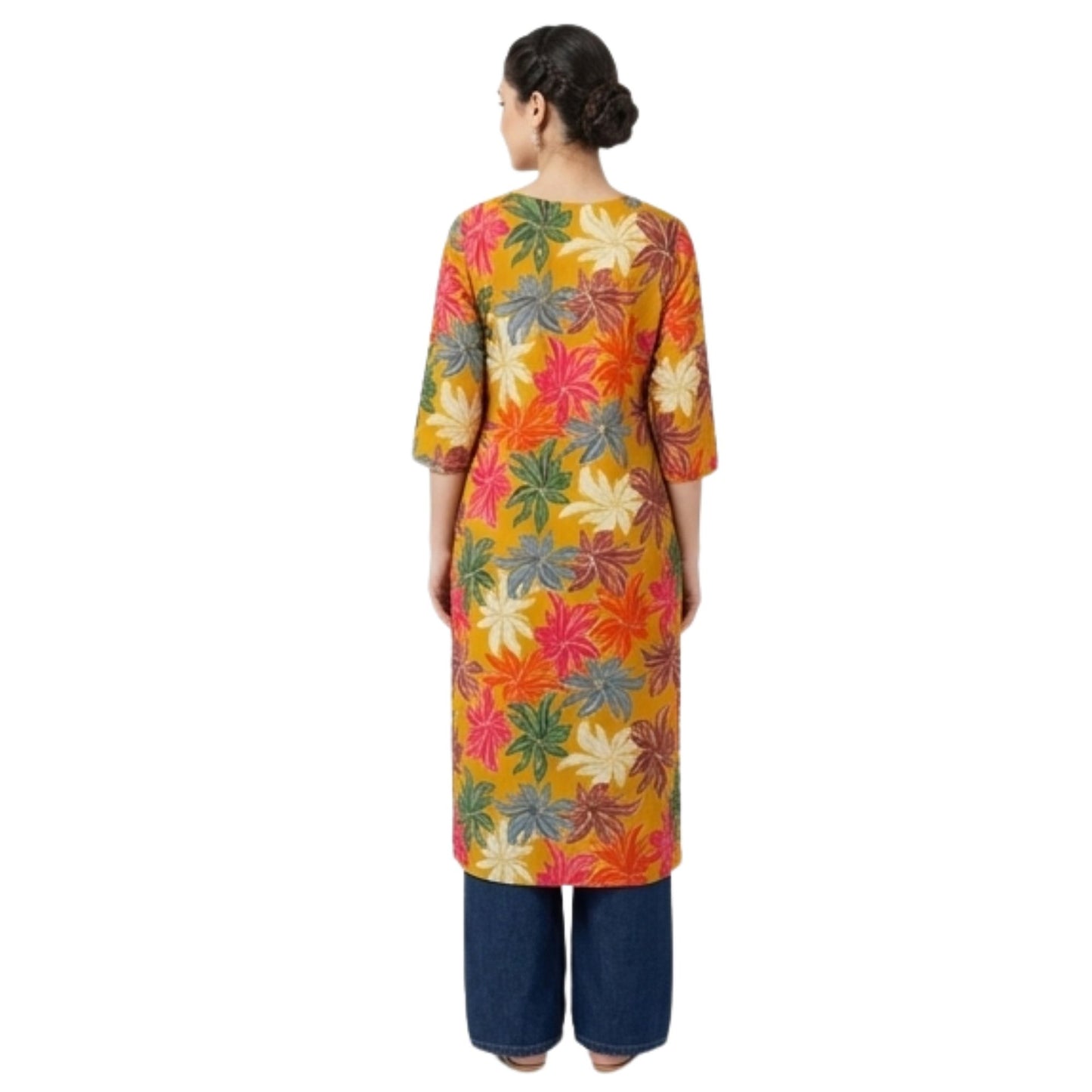Mustard Floral Printed Straight Kurti with Embroidered Yoke