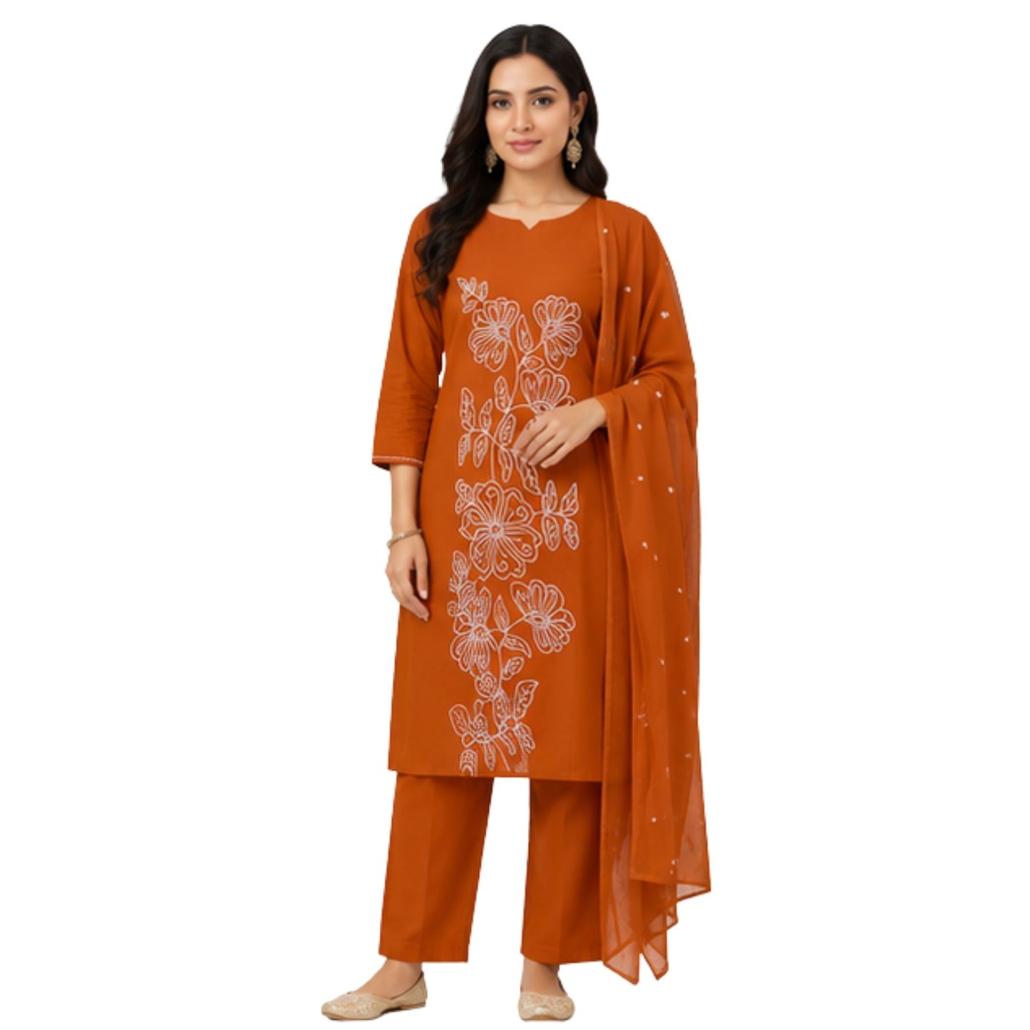 Rust Orange Floral Contour Embroidered Salwar Suit Set