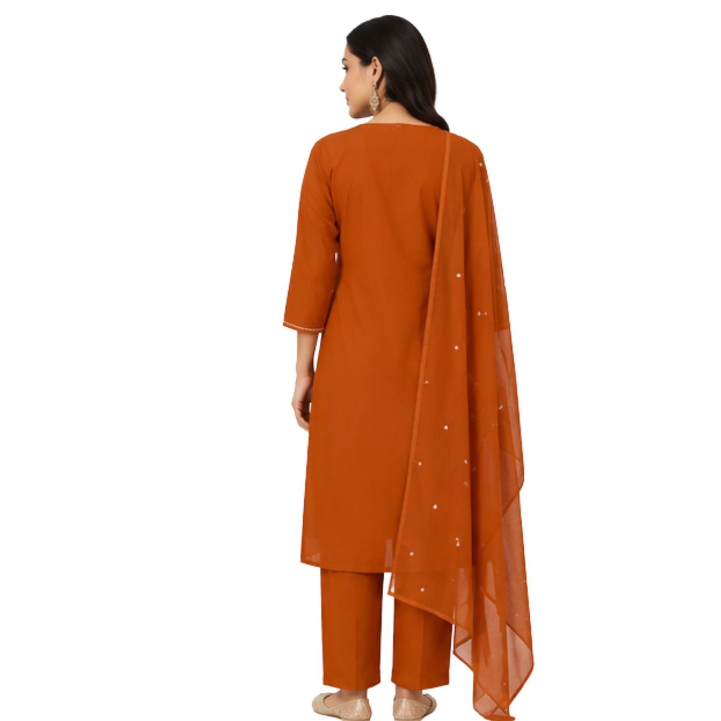 Rust Orange Floral Contour Embroidered Salwar Suit Set