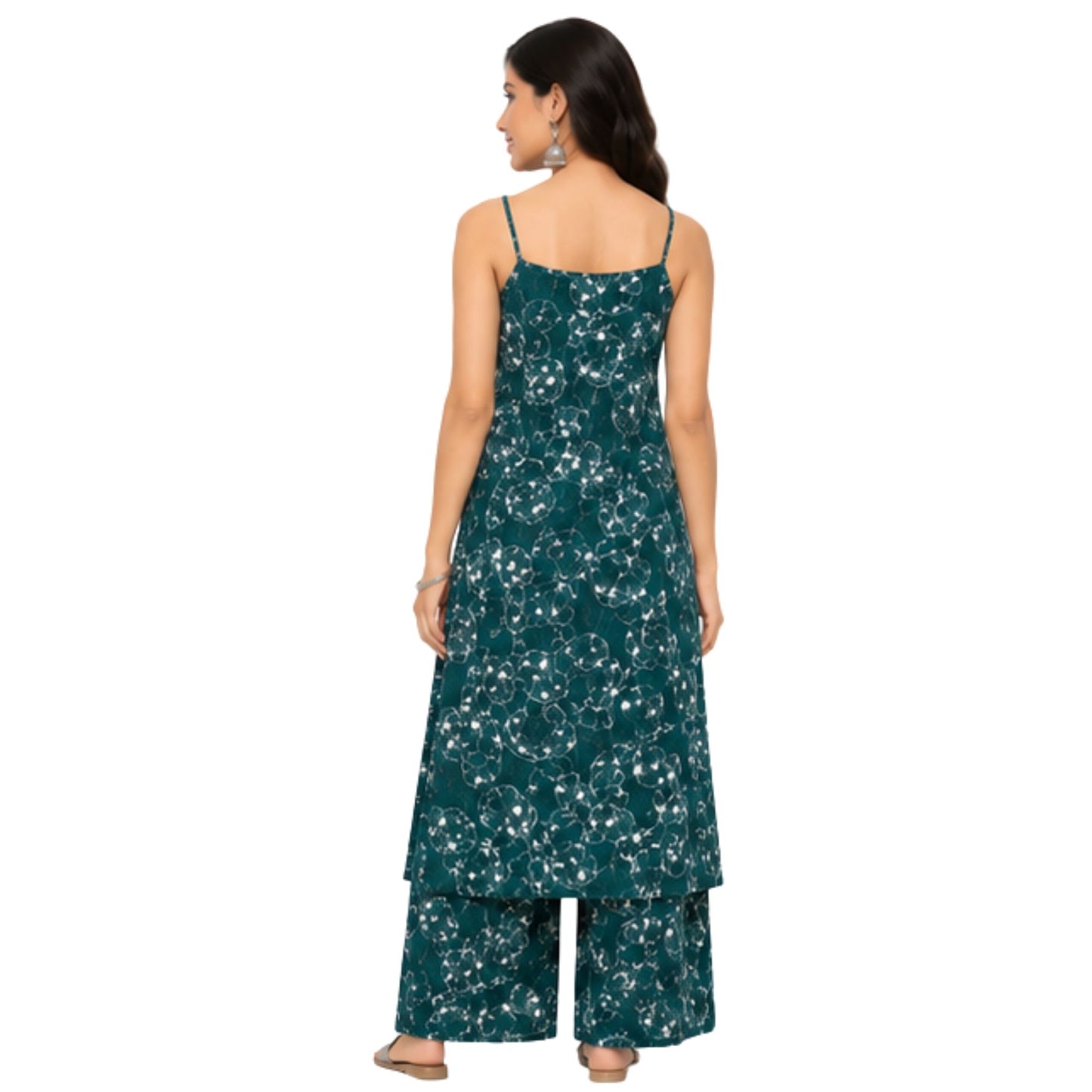 Chic Teal Green Floral Print Strappy Kurta Set with Wide-Leg Palazzos
