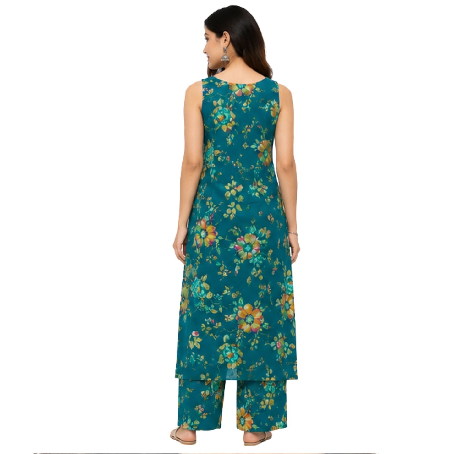 Teal Floral Printed Sleeveless Kurta & Palazzo Set