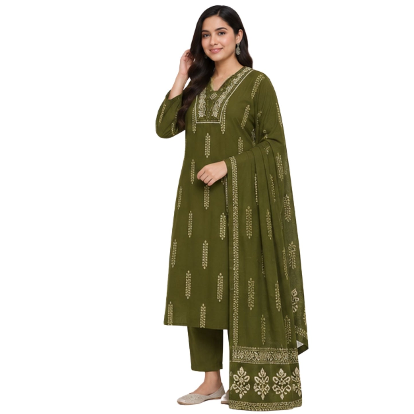 Olive Green Printed Kurta Set