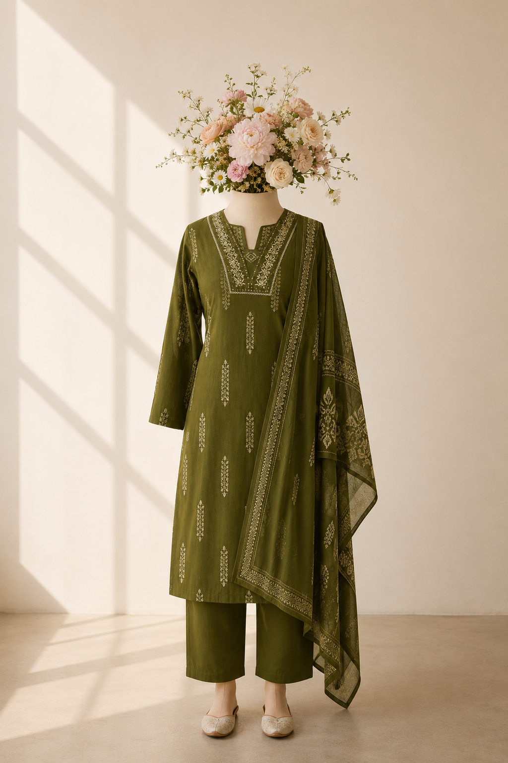 Olive Green Printed Kurta Set