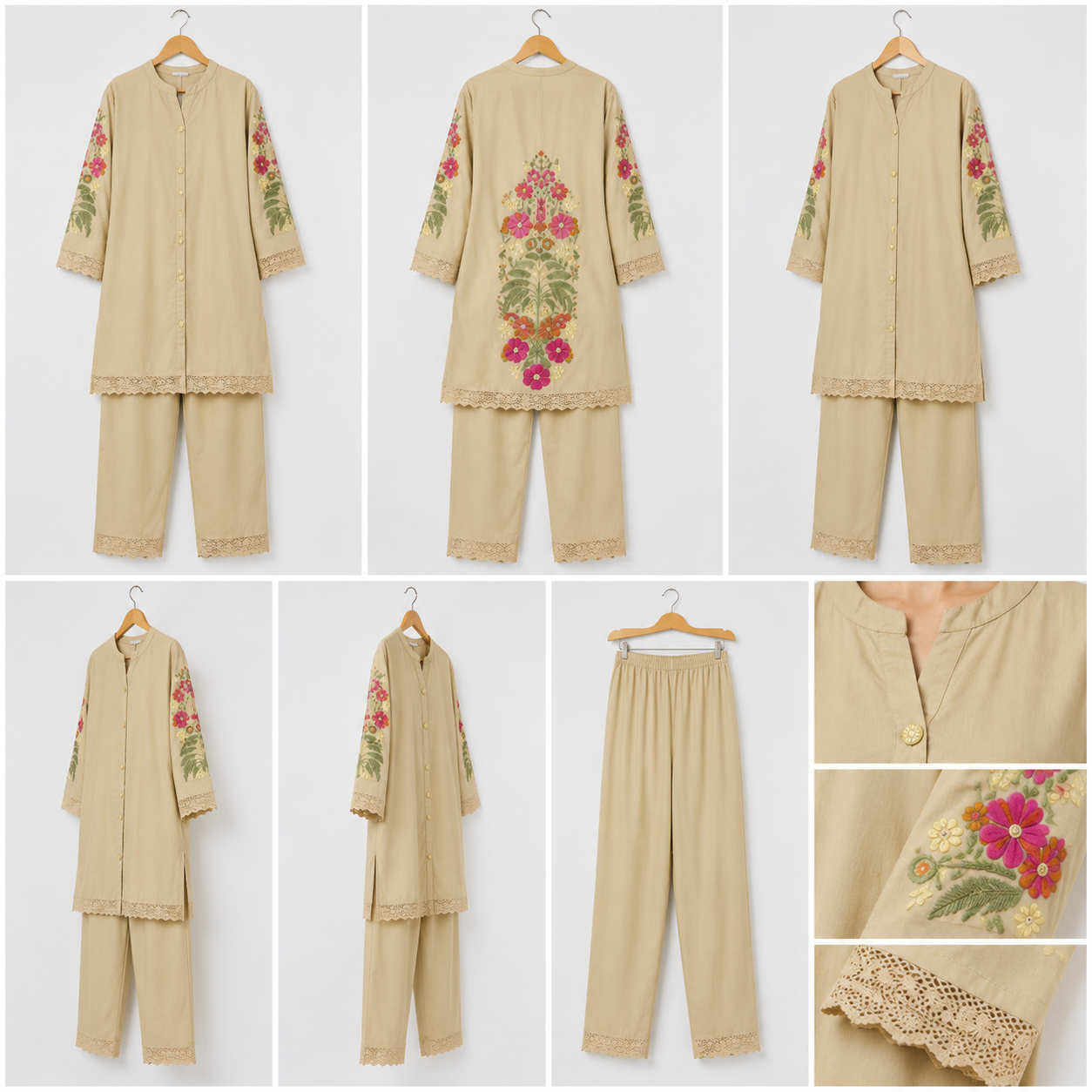 Elegant Beige Cotton Co-ord Set with Floral Embroidery and Lace Details